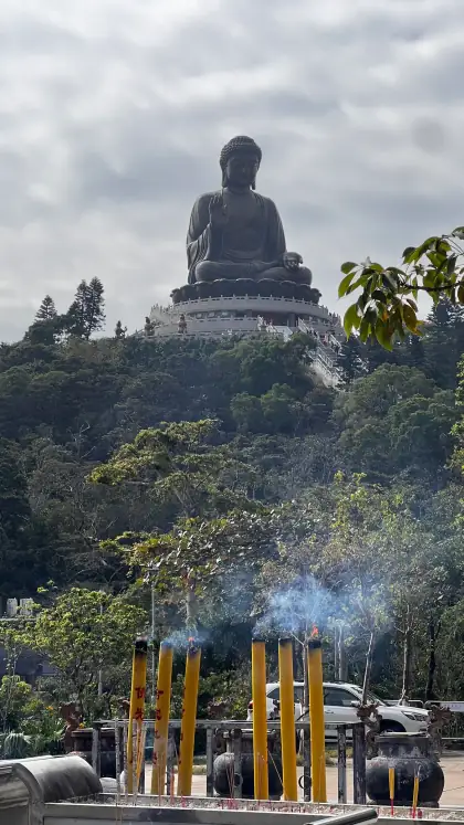 A giant seated Buddha statue on a hill, with burning incense sticks in front
