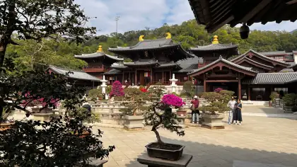 A traditional Chinese temple complex with bonsai trees in the foreground